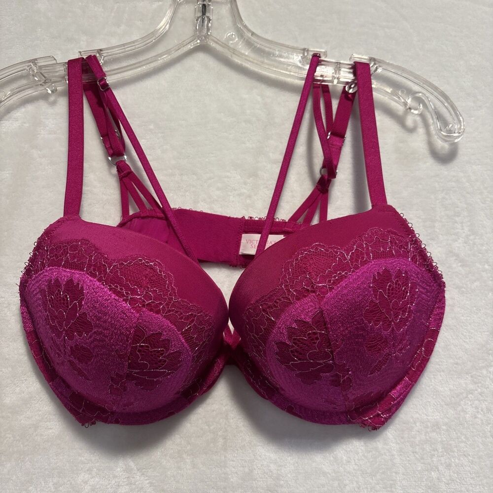 Victoria's Secret Bra Women's 34D Pink Very Sexy Push Up Lace Floral Underwire